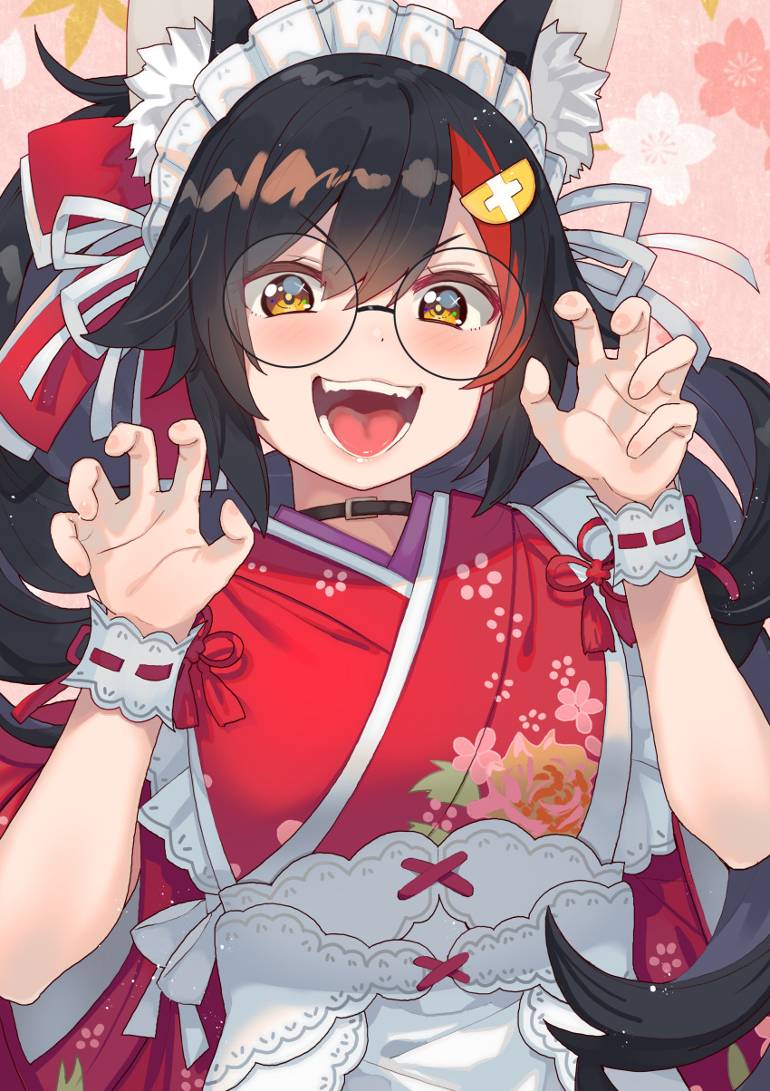 absurdres alternate_costume animal_ears bespectacled black_hair blush bow commentary_request glasses hair_between_eyes hair_bow hair_ornament hairclip highres hololive japanese_clothes kimono looking_at_viewer ookami_mio open_mouth paw_pose portrait tonari_no_kai_keruberosu virtual_youtuber wolf_ears yellow_eyes