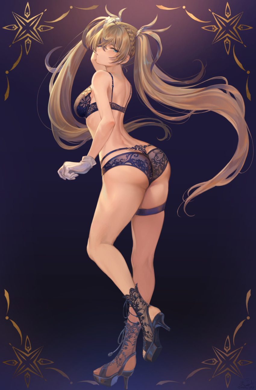 1girl arm_up ass back bangs bare_shoulders blonde_hair blue_bra blue_eyes blue_panties blush bra bradamante_(fate/grand_order) braid breasts commentary_request eyebrows_visible_through_hair fate/grand_order fate_(series) french_braid full_body gloves gradient gradient_background hair_between_eyes high_heels highres large_breasts leg_up lingerie long_hair looking_at_viewer mashuu_(neko_no_oyashiro) panties parted_lips shoulder_blades sidelocks solo standing standing_on_one_leg thigh_strap thighs twintails underwear underwear_only very_long_hair