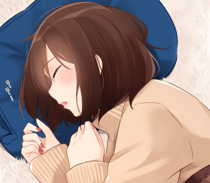 1girl blush brown_hair brown_sweater closed_eyes commentary_request dutch_angle fingernails hands_up highres kapatarou long_sleeves lying nail_polish on_side original parted_lips pillow red_nails sleeping sleeves_past_wrists solo sweater upper_body