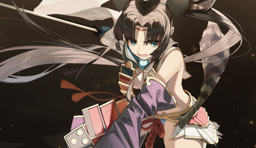 1girl armor bangs bare_shoulders black_background black_hair blue_eyes breast_curtains breasts detached_sleeves fate/grand_order fate_(series) feathers hair_feathers highres japanese_armor kusazuri long_hair medium_breasts mismatched_sleeves open_mouth parted_bangs pointing pointing_at_viewer pro-p side_ponytail simple_background solo ushiwakamaru_(fate/grand_order) very_long_hair wide_sleeves