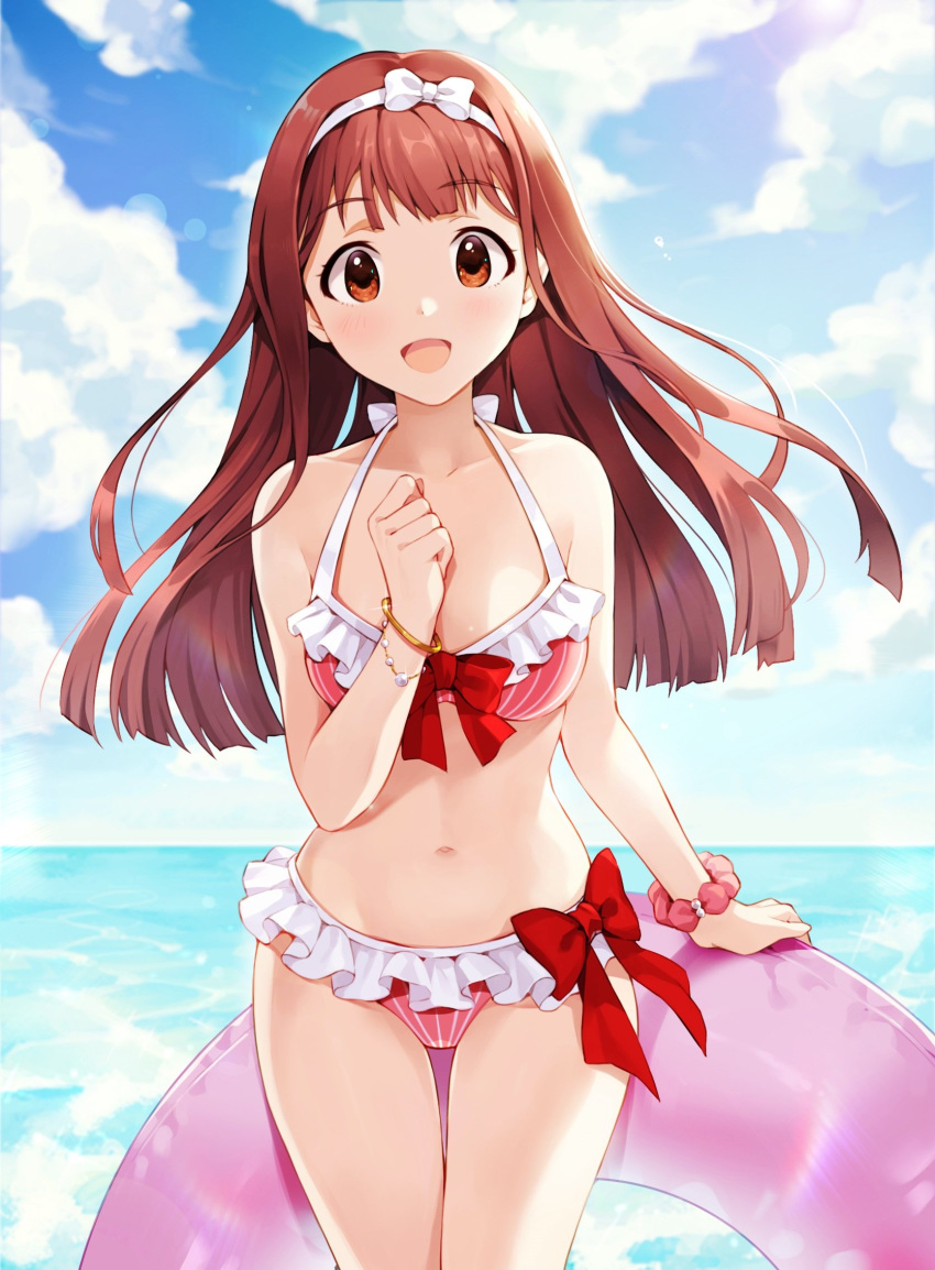 1girl :d bangs bare_arms bare_shoulders bikini blue_sky bow bow_bikini bracelet breasts brown_eyes clouds collarbone commentary_request cowboy_shot day eyebrows_visible_through_hair frilled_bikini frills glint hairband hairband_bow halter_top halterneck hand_on_own_chest hand_up highres holding holding_innertube horizon idolmaster idolmaster_million_live! innertube jewelry korean_commentary lens_flare light_blush long_hair looking_at_viewer medium_breasts navel ocean open_mouth outdoors pinkiepies2 red_bikini red_bow scrunchie shiny shiny_hair sky smile solo standing stomach striped striped_bikini swimsuit tanaka_kotoha thigh_gap wavy_hair white_bow white_hairband wrist_scrunchie