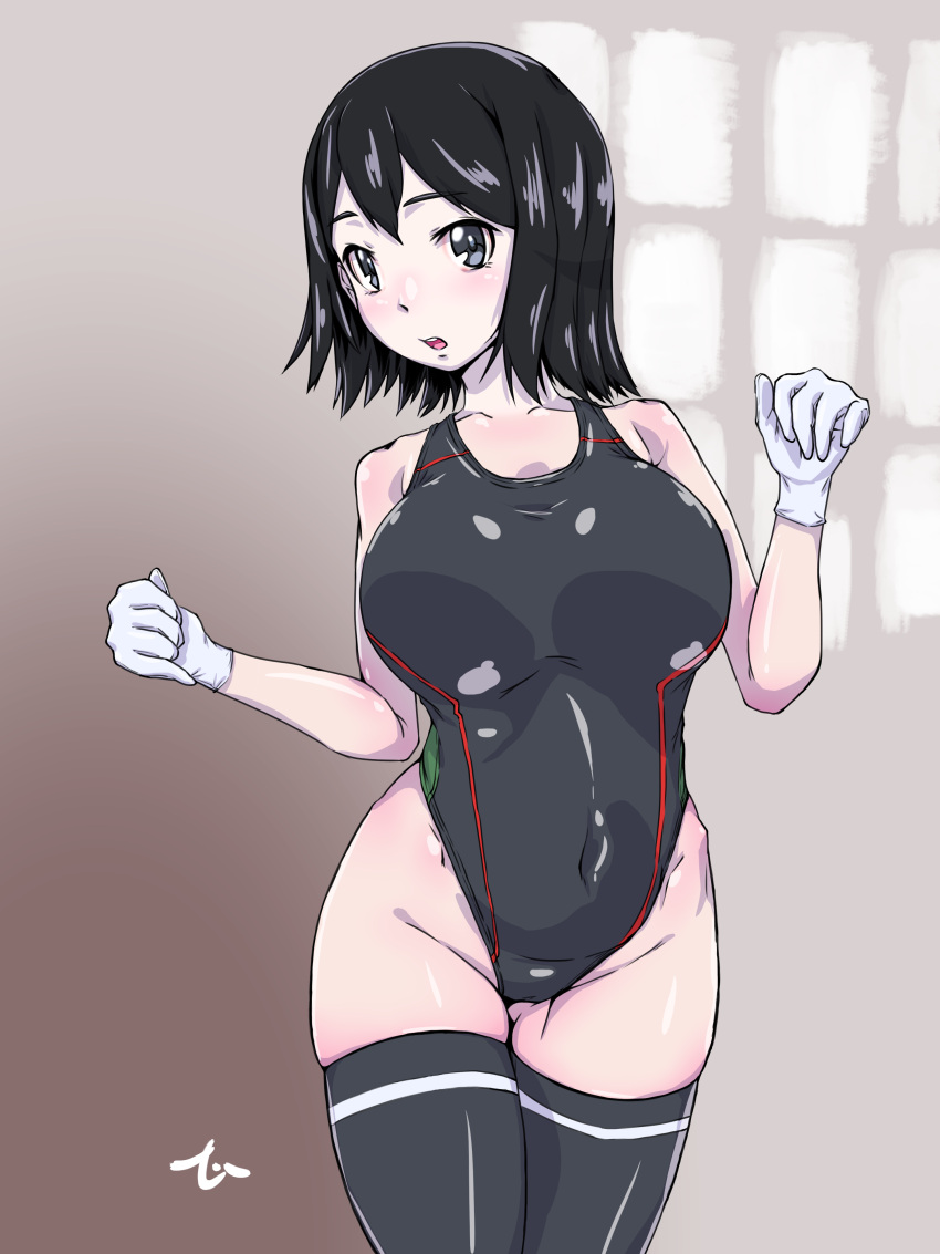 1girl absurdres akitsu_maru_(kantai_collection) artist_logo black_eyes black_hair black_legwear black_swimsuit competition_swimsuit covered_navel cowboy_shot gloves grey_eyes groin highleg highleg_swimsuit highres hinobori_tsutomu kantai_collection looking_at_viewer one-piece_swimsuit open_clothes open_mouth pale_skin short_hair solo standing swimsuit thigh-highs upper_teeth white_gloves window