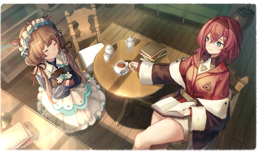 2girls ange_katrina animal_ears bangs black_gloves blue_eyes book book_stack brown_hair closed_eyes crossed_bangs cup deer_ears eli_conifer from_above gloves headdress highres indoors long_hair looking_at_another low_twintails multiple_girls nijisanji open_book redhead short_hair sitting smile table teacup teapot twintails virtual_youtuber yu_ni_t