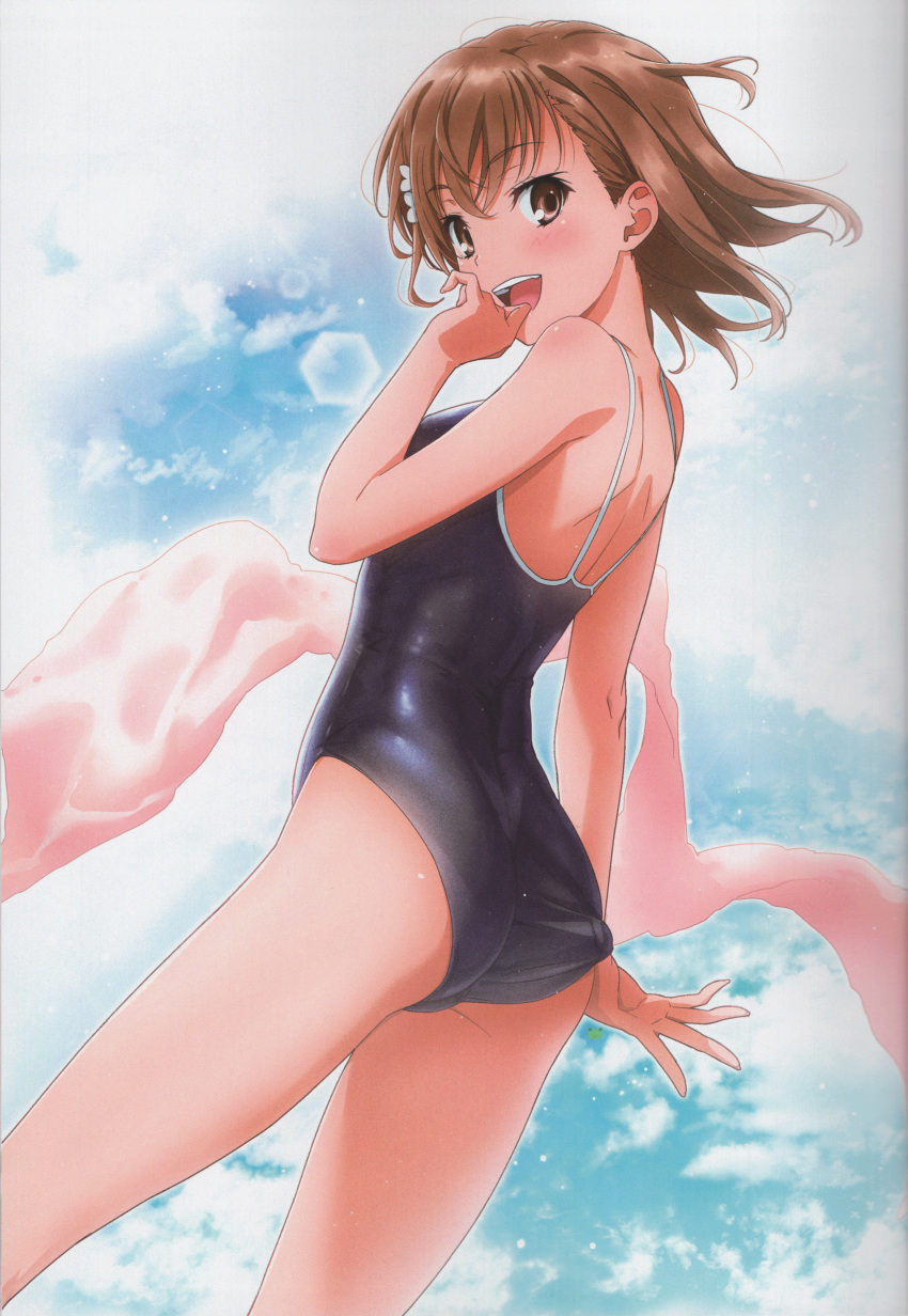 1girl absurdres adjusting_clothes adjusting_swimsuit ass bare_shoulders blue_sky blue_swimsuit blush breasts brown_eyes brown_hair clouds competition_school_swimsuit day eyebrows_visible_through_hair from_behind hair_ornament highres huge_filesize looking_at_viewer looking_back misaka_mikoto one-piece_swimsuit open_mouth outdoors puma_(hyuma1219) scan school_swimsuit shiny shiny_skin short_hair sky smile solo spiky_hair standing swimsuit teeth to_aru_majutsu_no_index towel
