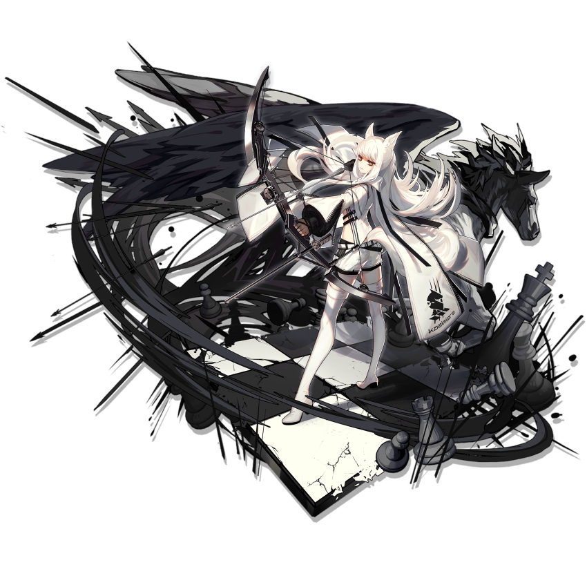 1girl aiming animal_ear_fluff animal_ears arknights arrow asymmetrical_shirt asymmetrical_sleeves bangs belt black_gloves boots bow_(weapon) brown_eyes chess_piece chessboard cloak compound_bow elbow_gloves elite_ii_(arknights) expressionless eyebrows_visible_through_hair floating_hair full_body gloves high_collar high_heel_boots high_heels highres holding holding_arrow holding_bow_(weapon) holding_weapon horse_ears horse_girl horse_tail jacket long_hair long_sleeves looking_at_viewer looking_away official_art pegasus platinum_(arknights) shirt short_shorts shorts single_glove skade solo standing tachi-e tail thigh-highs thigh_boots transparent_background very_long_hair weapon white_cloak white_footwear white_hair white_shirt white_shorts wide_sleeves wind zipper