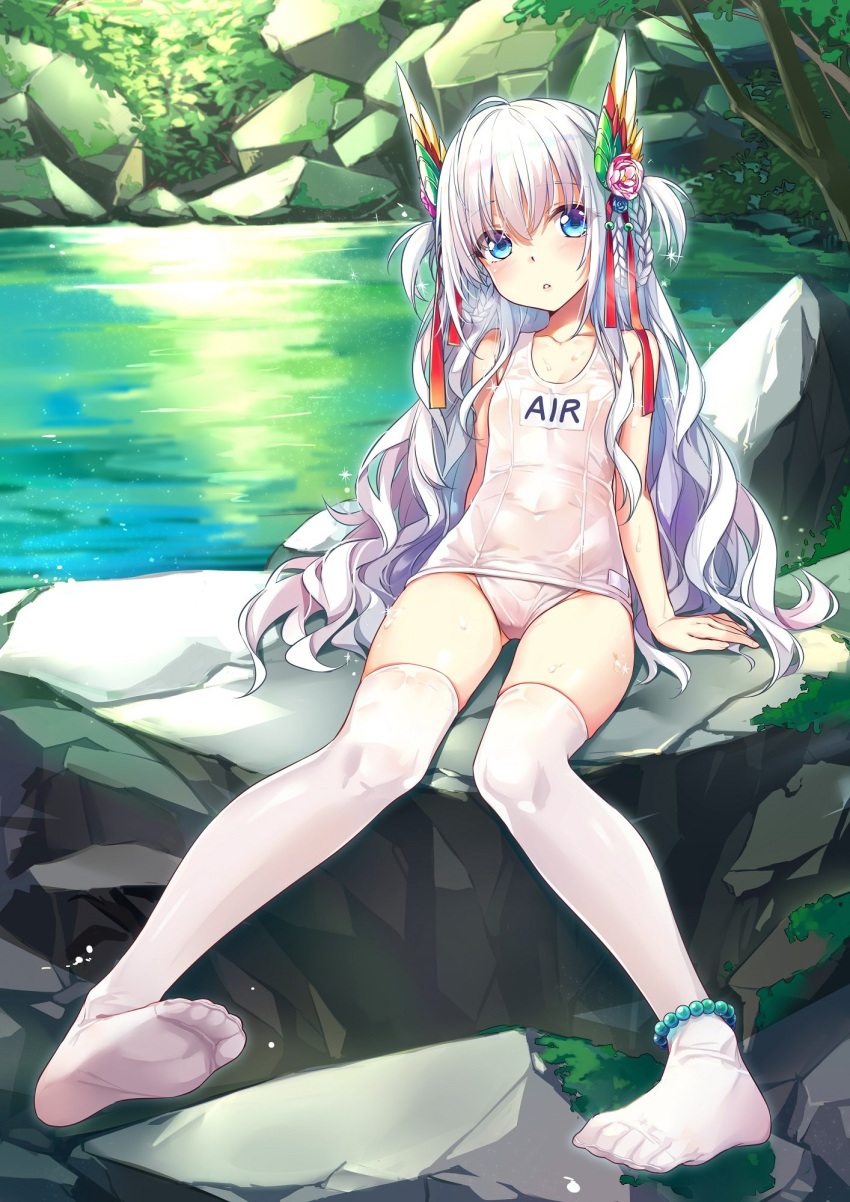 1girl artist_request character_request copyright_request feet flower grey_eyes highres long_hair looking_at_viewer no_shoes silver_hair soaking_feet solo spread_legs swimsuit thigh-highs toes wet wet_clothes white_legwear