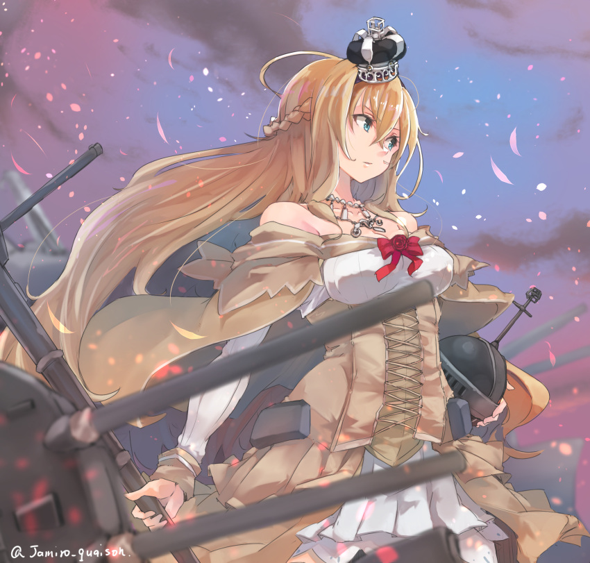 1girl blonde_hair blue_eyes braid corset crown dress flower french_braid globus_cruciger highres jamiro_quaison kantai_collection long_hair long_sleeves machinery mini_crown off-shoulder_dress off_shoulder red_flower red_ribbon red_rose ribbon rose scepter thigh-highs warspite_(kantai_collection) white_dress white_legwear