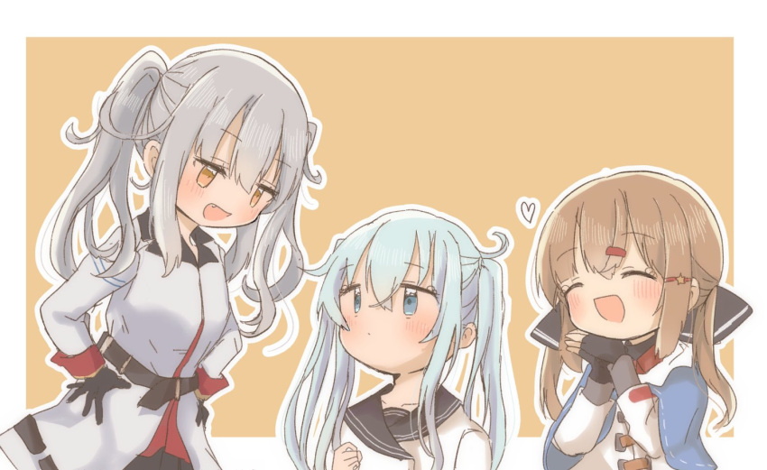 3girls :d alternate_hairstyle bangs belt black_bow black_gloves black_sailor_collar black_skirt blue_eyes blue_shawl blush bow breasts brown_eyes brown_hair closed_eyes closed_mouth coat collarbone collared_shirt commentary_request eye_contact eyebrows_visible_through_hair fang fingerless_gloves gangut_(kantai_collection) gloves hair_between_eyes hair_bow hair_ornament hair_tie hairclip hands_on_hips hands_together heart hibiki_(kantai_collection) jacket kantai_collection kyabetsu_myonmyon long_hair long_sleeves looking_at_another military military_uniform multiple_girls no_hat no_headwear open_mouth pleated_skirt red_shirt ribbon ribbon_trim sailor_collar school_uniform serafuku shirt silver_hair skirt smile tashkent_(kantai_collection) twintails uniform upper_body verniy_(kantai_collection) white_coat white_jacket