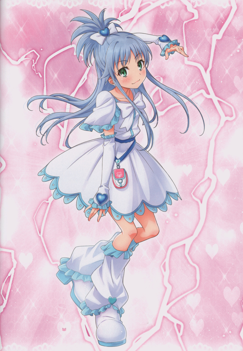 1girl absurdres blue_hair blush boots bow cosplay cure_white cure_white_(cosplay) detached_sleeves dress earrings electricity eyebrows_visible_through_hair floating_hair futari_wa_precure green_eyes hair_bow hair_ornament highres huge_filesize index jewelry knee_boots leg_warmers long_hair long_sleeves look-alike looking_at_viewer magical_girl pink_background precure puma_(hyuma1219) scan short_dress smile solo tied_hair to_aru_kagaku_no_railgun to_aru_majutsu_no_index very_long_hair white_bow white_dress white_footwear white_neckwear white_sleeves