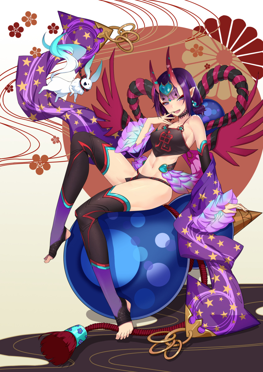1girl absurdres bangs bare_shoulders blunt_bangs bob_cut breasts chinese_clothes choker commentary detached_sleeves dudou earrings eyebrows_visible_through_hair fang fate/grand_order fate_(series) full_body fundoshi gourd headpiece highres horns japanese_clothes jewelry medium_breasts midriff mmsmms navel oni_horns open_mouth pointy_ears purple_hair short_hair shuten_douji_(fate/grand_order) shuten_douji_(halloween_caster)_(fate) sitting smile smug solo stirrup_legwear stomach straight_hair toeless_legwear toes