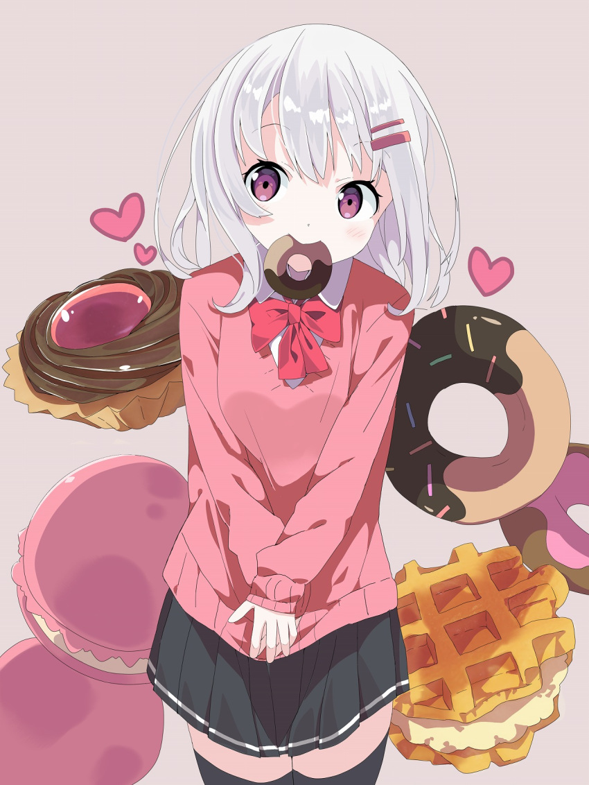 1girl bangs black_legwear black_skirt blush bow brown_background collared_shirt commentary_request doughnut eyebrows_visible_through_hair food food_in_mouth grey_hair hair_ornament hairclip hands_together heart highres long_sleeves looking_at_viewer macaron mouth_hold original own_hands_together pink_sweater pleated_skirt red_bow red_eyes shirt skirt sleeves_past_wrists smile solo sweater tantan_men_(dragon) thigh-highs white_shirt