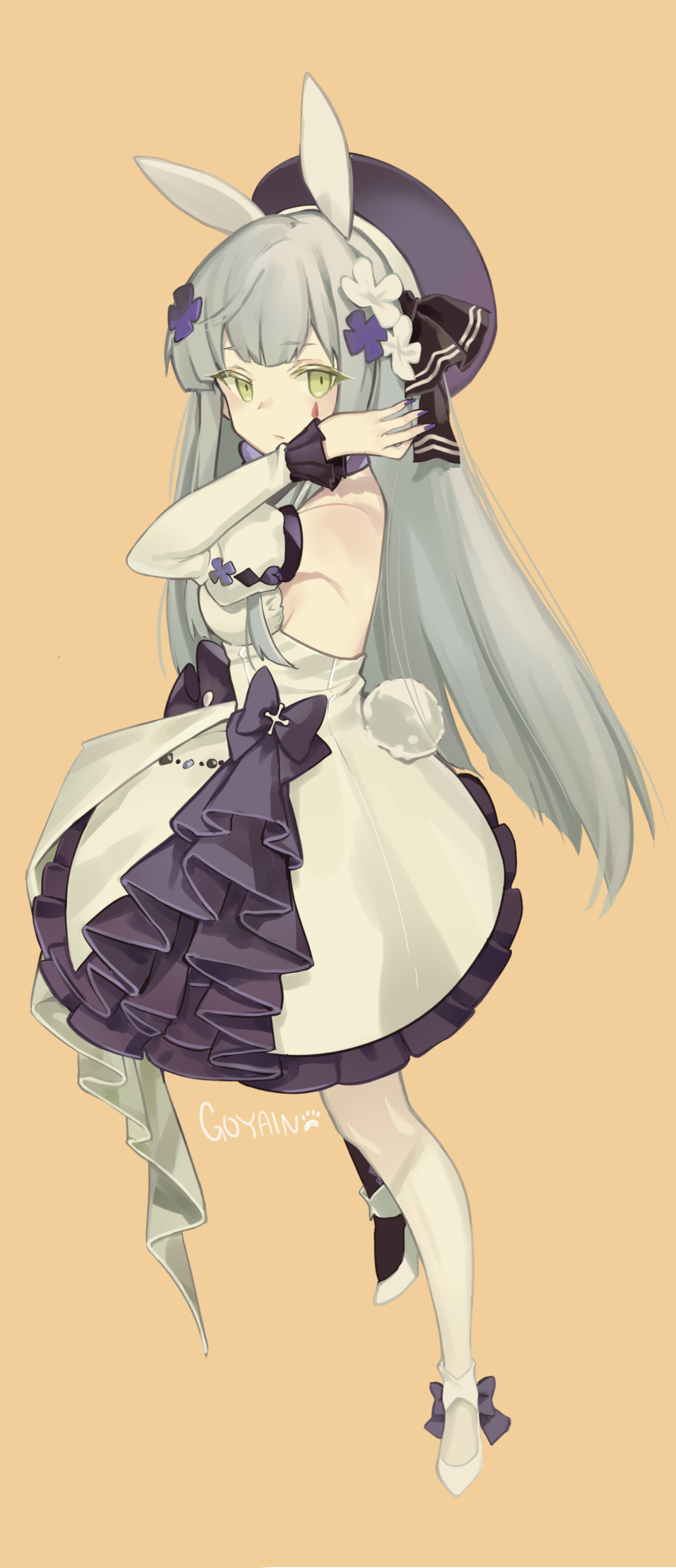1girl absurdres animal_ears bangs black_legwear black_ribbon breasts brown_background closed_mouth commentary_request detached_sleeves dress eyebrows_visible_through_hair facial_mark flower full_body girls_frontline goyain green_eyes grey_hair hair_flower hair_ornament hair_ribbon hand_up hat highres hk416_(girls_frontline) juliet_sleeves long_hair long_sleeves looking_at_viewer looking_to_the_side medium_breasts mismatched_legwear nail_polish pantyhose puffy_sleeves purple_headwear purple_nails rabbit_ears revision ribbon shoes signature simple_background solo standing very_long_hair white_dress white_flower white_footwear white_legwear white_sleeves