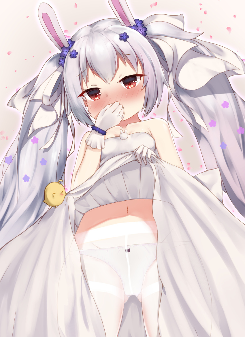 1girl animal animal_ears ass_visible_through_thighs azur_lane bangs bare_shoulders bird blush bow bow_panties breasts chick collarbone commentary_request covering_mouth dress dress_lift eyebrows_visible_through_hair flower gloves hair_between_eyes hair_flower hair_ornament hair_ribbon highres irokari jewelry laffey_(azur_lane) laffey_(white_rabbit's_oath)_(azur_lane) lifted_by_self long_hair manjuu_(azur_lane) navel nose_blush panties panties_under_pantyhose pantyhose petals purple_flower rabbit_ears red_eyes revision ribbon ring silver_hair small_breasts solo thighband_pantyhose twintails underwear very_long_hair wedding_band white_dress white_gloves white_legwear white_panties white_ribbon