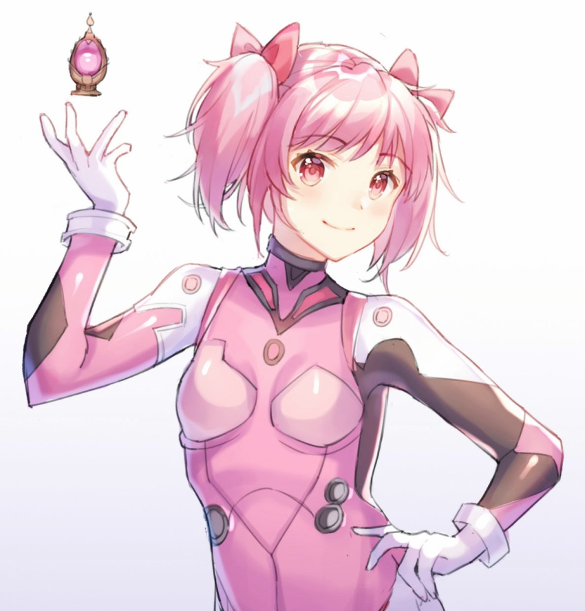 1girl breasts gloves hand_on_hip highres kaname_madoka looking_at_viewer magical_girl mahou_shoujo_madoka_magica neon_genesis_evangelion pink_eyes pink_hair plugsuit short_twintails small_breasts smile solo soul_gem twintails upper_body