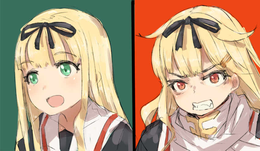 2girls alchera black_ribbon black_serafuku blonde_hair clenched_teeth commentary_request comparison dual_persona green_background green_eyes hair_flaps hair_ornament hair_ribbon hairclip kantai_collection long_hair multiple_girls red_background red_eyes remodel_(kantai_collection) ribbon sailor_collar scarf school_uniform serafuku split_theme straight_hair teeth upper_body white_sailor_collar white_scarf yuudachi_(kantai_collection)