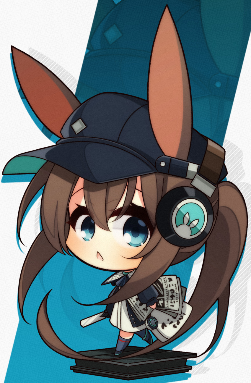 1girl 7:08 absurdres alternate_costume amiya_(arknights) animal_ears arknights bag bangs baseball_cap blue_eyes boots brown_hair chibi eyebrows_visible_through_hair hat headphones headphones_over_headwear highres holding holding_bag long_hair long_sleeves looking_at_viewer magazine open_eyes open_mouth rabbit_ears socks solo stand triangle_mouth