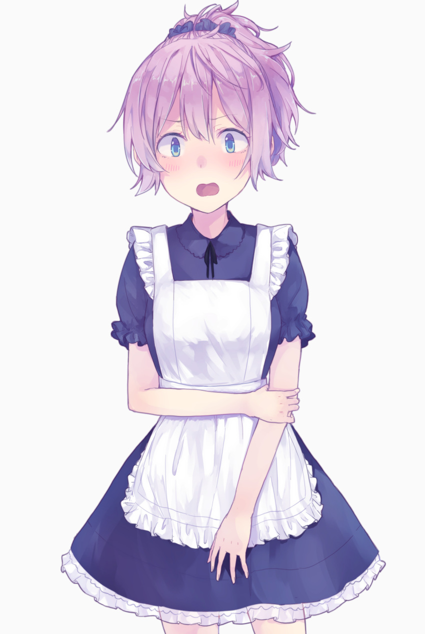 1girl absurdres aoba_(kantai_collection) apron blue_dress blue_eyes blue_scrunchie commentary_request cowboy_shot dress embarrassed frilled_apron frilled_dress frills hair_ornament hair_scrunchie highres kantai_collection looking_at_viewer ponytail purple_hair scrunchie shikajima_shika short_hair simple_background solo white_apron white_background