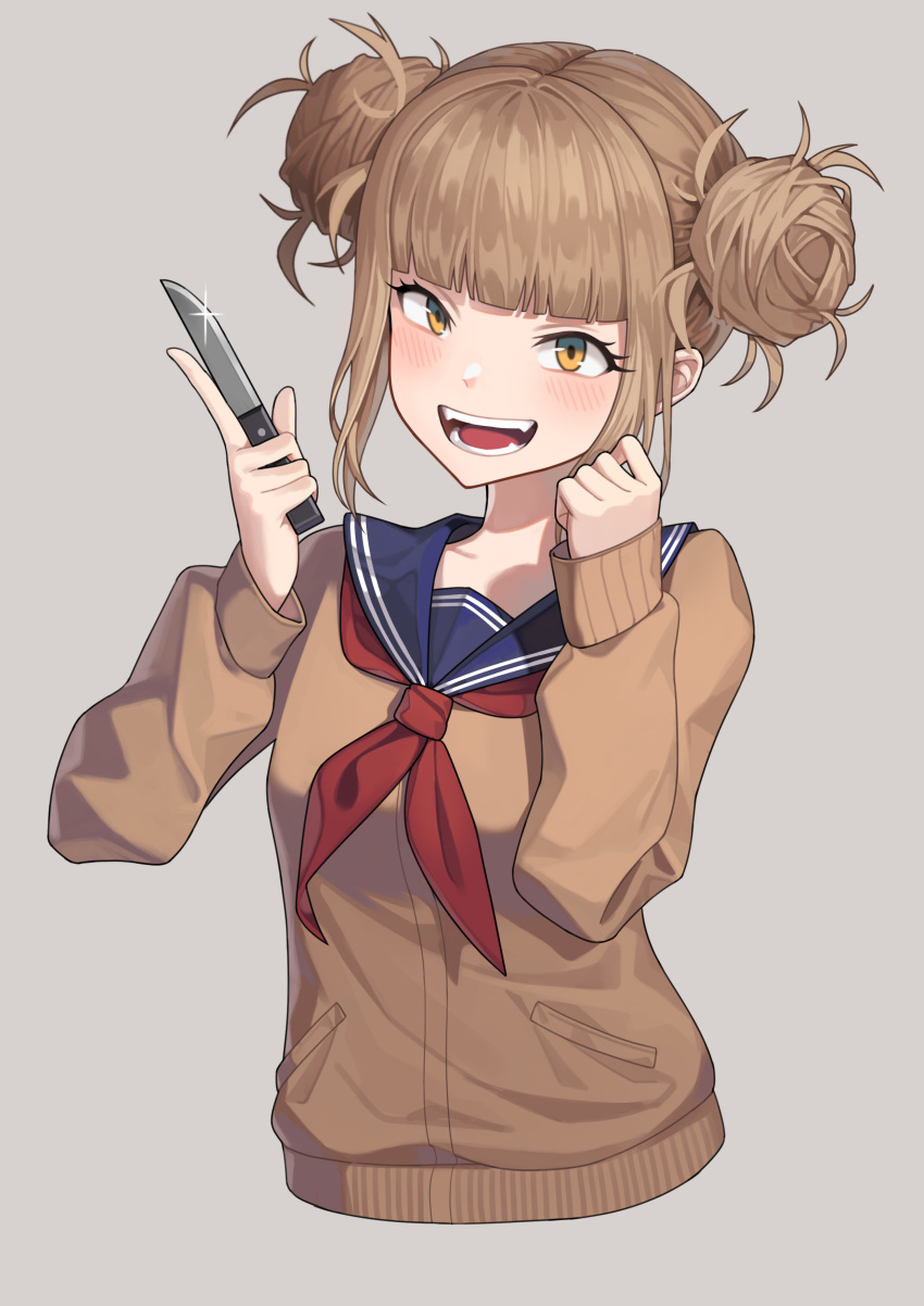 1girl absurdres artist_request bangs blonde_hair blunt_bangs blush boku_no_hero_academia breasts cardigan commentary_request double_bun eyebrows_visible_through_hair fangs grey_background highres holding holding_knife knife long_sleeves looking_at_viewer messy_hair open_mouth school_uniform short_hair simple_background smile solo teeth toga_himiko yellow_eyes
