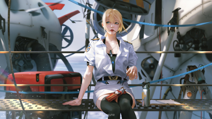 1girl belt black_legwear blonde_hair blue_eyes dog_tags eating facing_viewer food food_in_mouth g-tz highres jewelry lips long_hair looking_to_the_side military military_uniform mouth_hold naval_uniform original outdoors pendant pocky ponytail short_sleeves sitting solo thigh-highs uniform