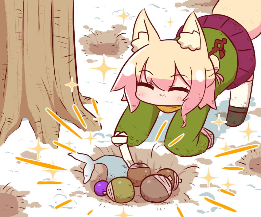 1girl ^_^ acorn all_fours animal_ear_fluff animal_ears bangs black_footwear blonde_hair blush bone boots brown_scarf closed_eyes commentary day dirty_clothes dirty_face eyebrows_visible_through_hair fish fox_ears fox_girl fox_tail green_shirt hair_between_eyes hair_bun hair_ornament hole kemomimi-chan_(naga_u) long_hair long_sleeves naga_u original outdoors pleated_skirt purple_skirt ribbon-trimmed_legwear ribbon_trim scarf shirt sidelocks skirt sleeves_past_fingers sleeves_past_wrists snow solo sparkle tail thigh-highs thighhighs_under_boots tree white_legwear winter