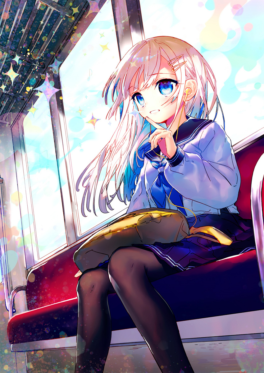 1girl bag blue_neckwear blue_skirt blue_sky blush chair day earphones feet_out_of_frame grin hair_ornament hairclip highres hinasumire index_finger_raised listening_to_music long_hair neckerchief original pleated_skirt sailor_collar school_bag school_uniform serafuku sitting skirt sky smile solo sparkle sunlight train_interior white_hair window