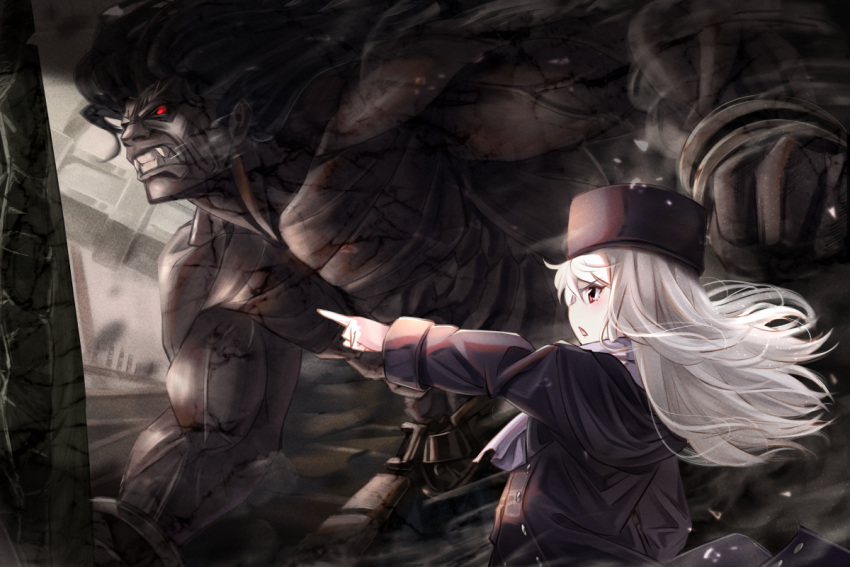 1boy 1girl berserker black_coat black_hair black_headwear black_skin fate/stay_night fate_(series) floating_hair from_side hat holding holding_sword holding_weapon illyasviel_von_einzbern index_finger_raised long_hair long_sleeves open_mouth profile red_eyes silver_hair sword tagame_(tagamecat) weapon
