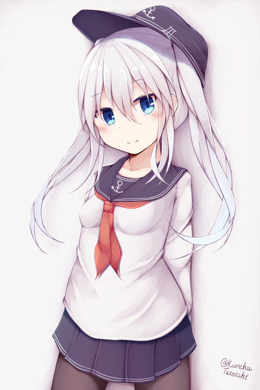 1girl absurdres alternate_hairstyle anchor_symbol black_legwear black_sailor_collar blue_eyes blush breasts eyebrows_visible_through_hair flat_cap hair_between_eyes hair_ornament hamayuu_(litore) hat hibiki_(kantai_collection) highres kantai_collection long_hair long_sleeves looking_at_viewer pantyhose pleated_skirt sailor_collar school_uniform serafuku silver_hair skirt small_breasts smile solo twintails