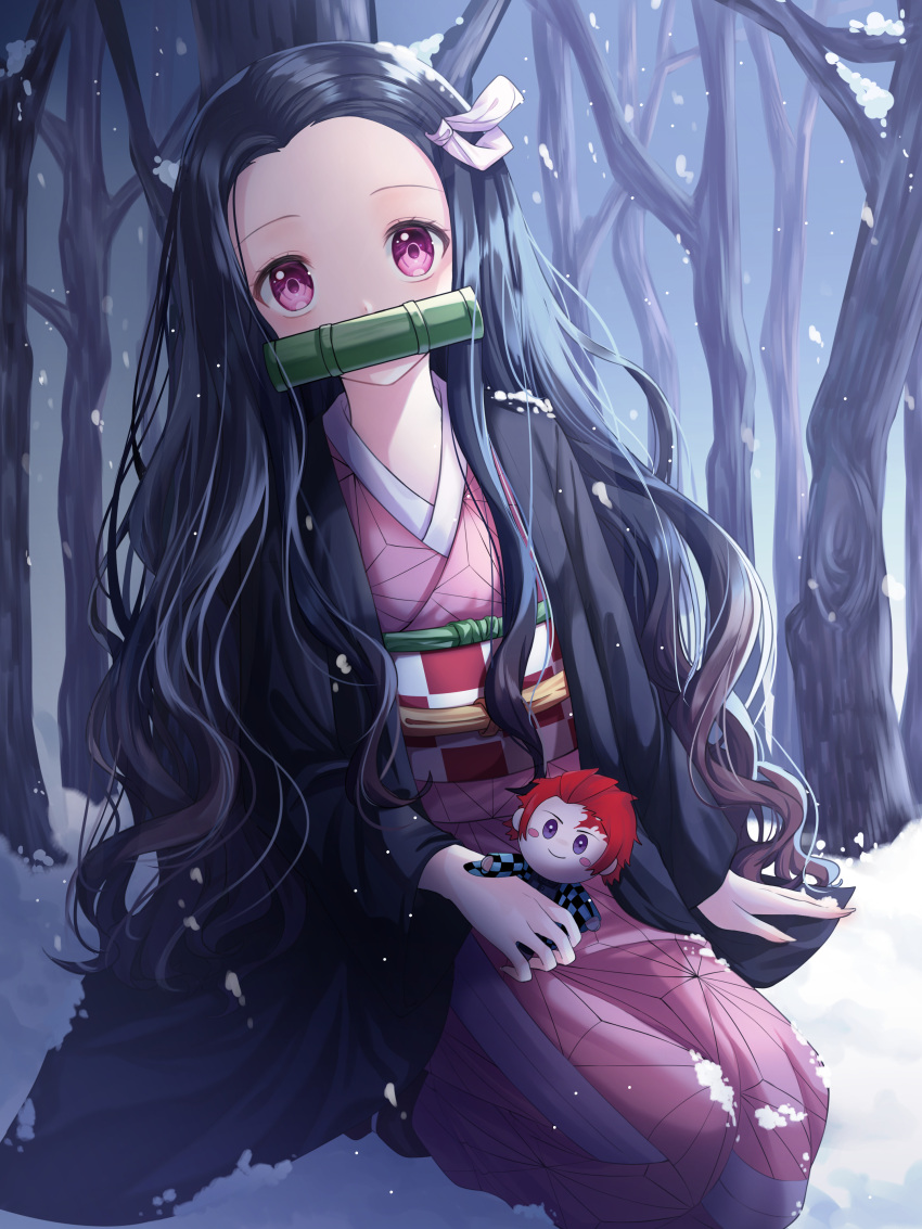 1girl absurdres bare_tree black_hair brown_hair character_doll checkered commentary_request forehead gradient_hair hair_ribbon highres japanese_clothes kamado_nezuko kamado_tanjirou kimetsu_no_yaiba kimono kneeling long_hair long_sleeves looking_at_viewer multicolored_hair nanna_(heyj2888) obi open_clothes pink_eyes pink_kimono ribbon sash snow snowing solo tree very_long_hair white_ribbon wide_sleeves