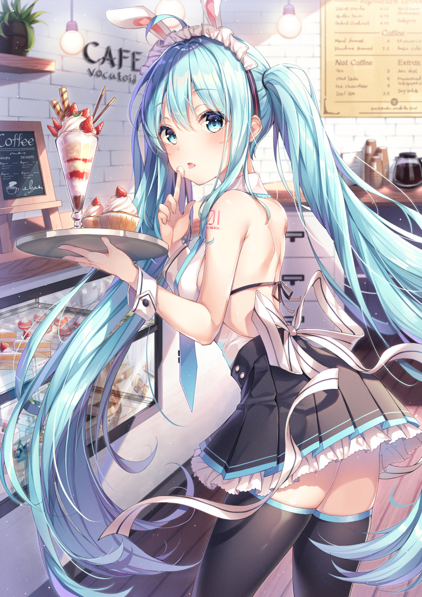 1girl animal_ears black_legwear black_skirt blue_eyes blue_hair brick_wall cafe cake coffee_pot cupcake dangmyo display_case eyebrows_visible_through_hair fake_animal_ears food fruit hair_between_eyes hatsune_miku highres indoors long_hair looking_at_viewer macaron maid_headdress necktie number_tattoo parfait plant pleated_skirt pocky potted_plant rabbit_ears shoulder_tattoo skirt solo strawberry tattoo thigh-highs tray twintails very_long_hair vocaloid wrist_cuffs