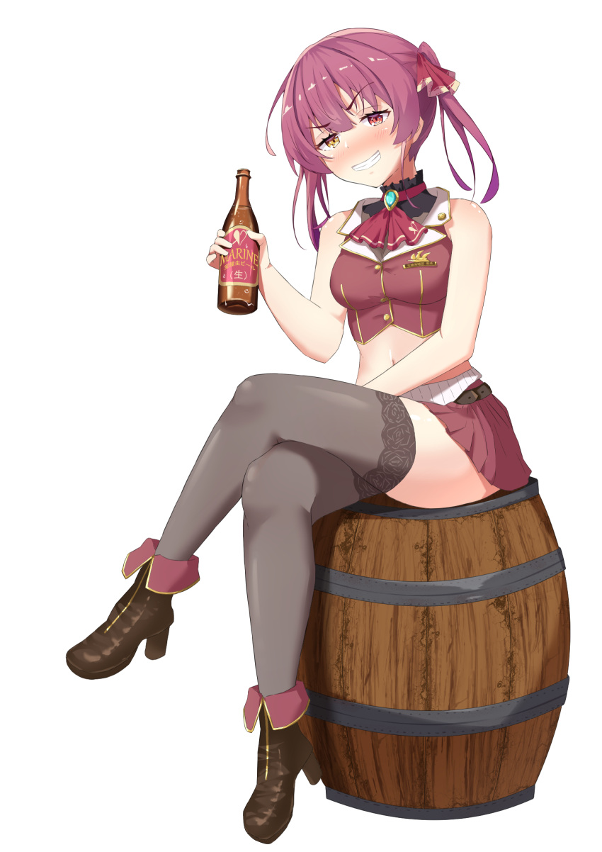 1girl bare_shoulders barrel black_legwear blush bottle buttons character_name cravat drink full_body hair_ornament heterochromia high_heels highres holding holding_bottle holding_drink hololive houshou_marine liquor looking_at_viewer midriff miniskirt navel no_eyepatch no_hat no_headwear pink_hair red_eyes red_skirt shoes sitting skirt starkamisan teeth thigh-highs twintails v-shaped_eyebrows virtual_youtuber white_background yellow_eyes