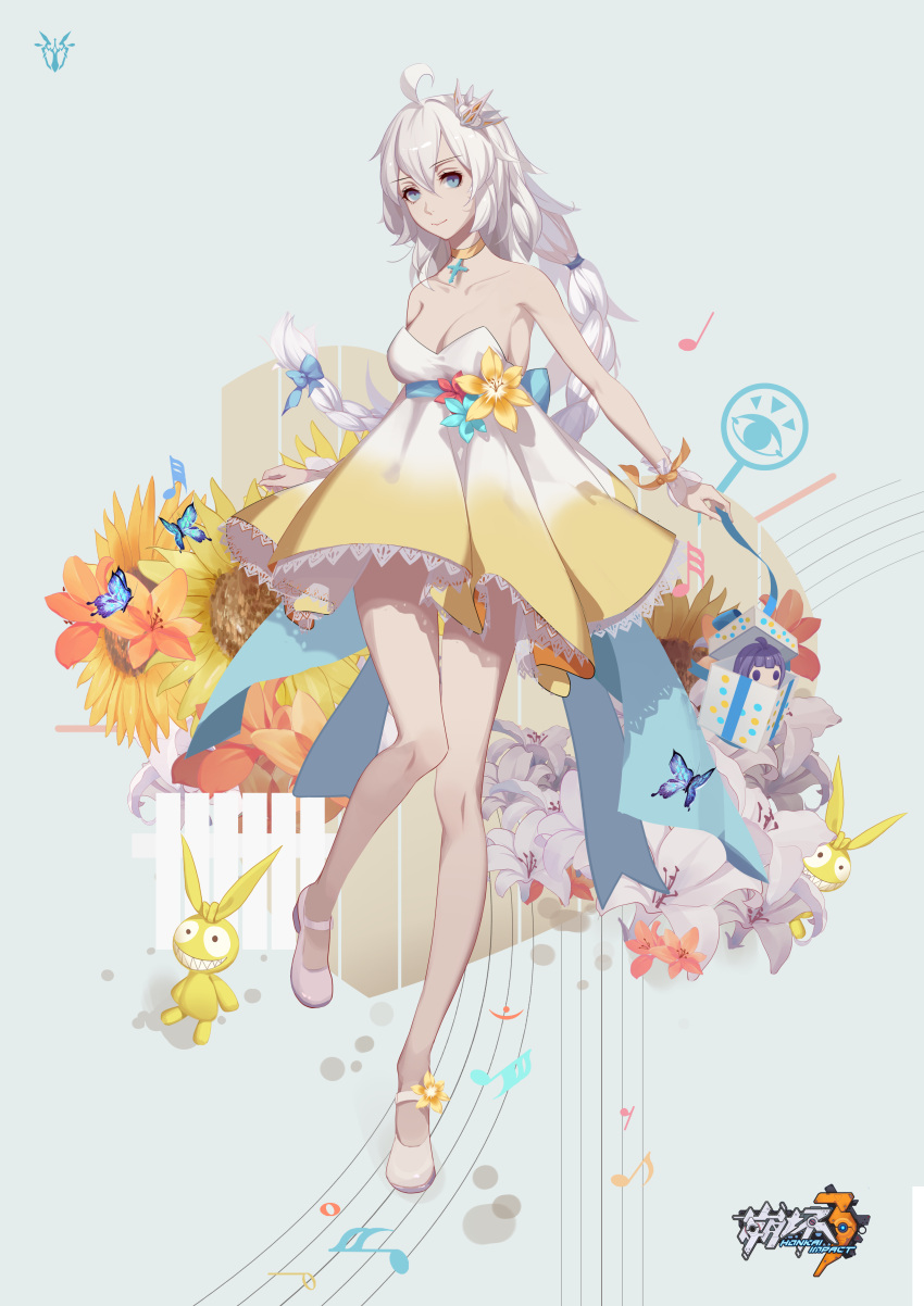 1girl absurdres ahoge amaryllis_(flower) bare_shoulders benghuai_xueyuan blue_bow blue_eyes bow box braid breasts bug butterfly cheeky_little_star choker cross crown doll dress eighth_note eighth_rest fermata flower full_body gift gift_box gradient_dress hair_bow half_note highres honkai_(series) honkai_impact_3rd insect kiana_kaslana logo long_hair looking_at_viewer medium_breasts mini_crown musical_note quarter_note silver_hair sixteenth_note solo staff_(music) standing standing_on_one_leg strapless strapless_dress sunflower thirty-second_note very_long_hair white_dress white_footwear whole_note yellow_dress
