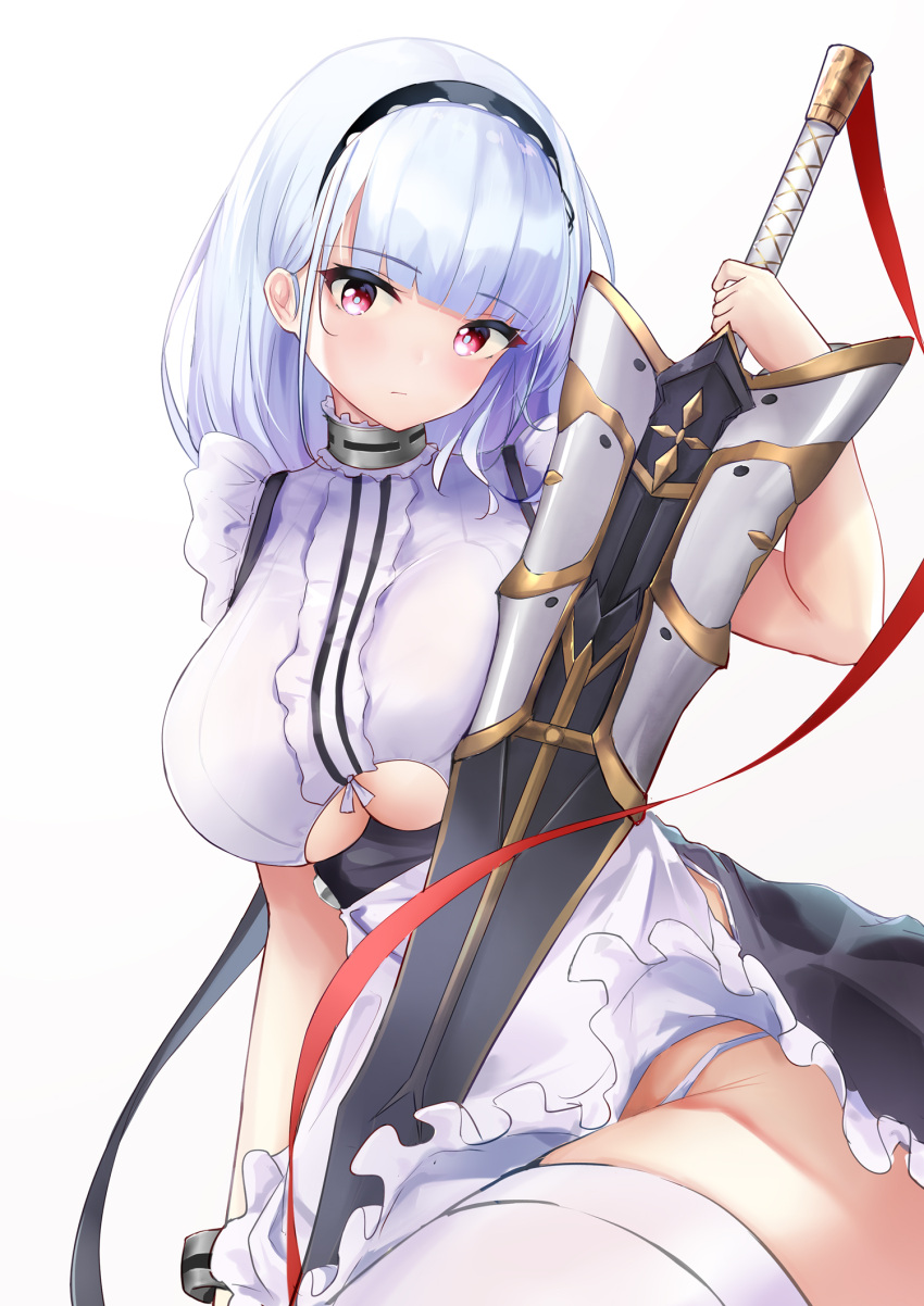1girl apron azur_lane bangs black_hairband blunt_bangs blush breasts center_frills commentary dido_(azur_lane) eric_(pixiv9123557) frilled_apron frills hairband highres large_breasts long_hair looking_at_viewer pink_eyes shirt silver_hair simple_background sleeveless sleeveless_shirt solo sword under_boob underboob_cutout waist_apron weapon white_apron white_background