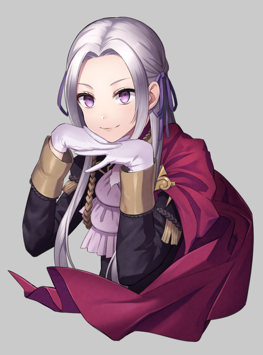 1girl cape closed_mouth commentary_request cropped_torso edelgard_von_hresvelg fire_emblem fire_emblem:_three_houses forehead fringe_trim garreg_mach_monastery_uniform gloves grey_background hair_ribbon highres long_hair long_sleeves minami_ikkei own_hands_together purple_ribbon red_cape ribbon school_uniform silver_hair simple_background smile solo violet_eyes white_gloves