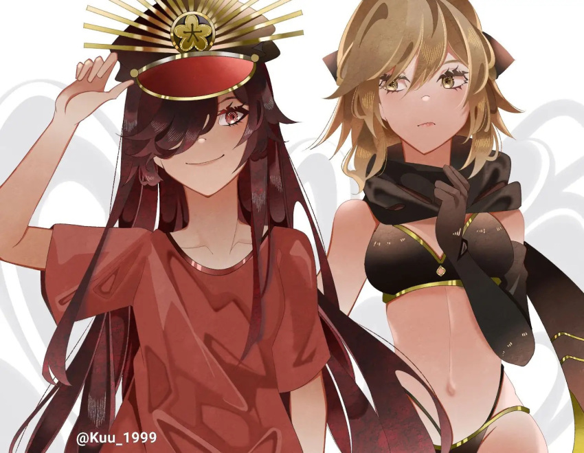 2girls arm_up artist_name asymmetrical_bangs asymmetrical_gloves bangs bikini black_bikini black_gloves black_scarf blonde_hair breasts brown_hair closed_mouth collarbone elbow_gloves fate/grand_order fate_(series) gloves hair_over_one_eye hand_on_headwear hat kuu_1999 long_hair looking_at_another looking_at_viewer medium_breasts multiple_girls navel oda_nobunaga_(fate) oda_nobunaga_(fate)_(all) okita_souji_(fate) okita_souji_(fate)_(all) okita_souji_(swimsuit_assassin)_(fate) peaked_cap red_eyes red_shirt scarf shirt short_hair short_sleeves single_glove smile straight_hair swimsuit t-shirt yellow_eyes