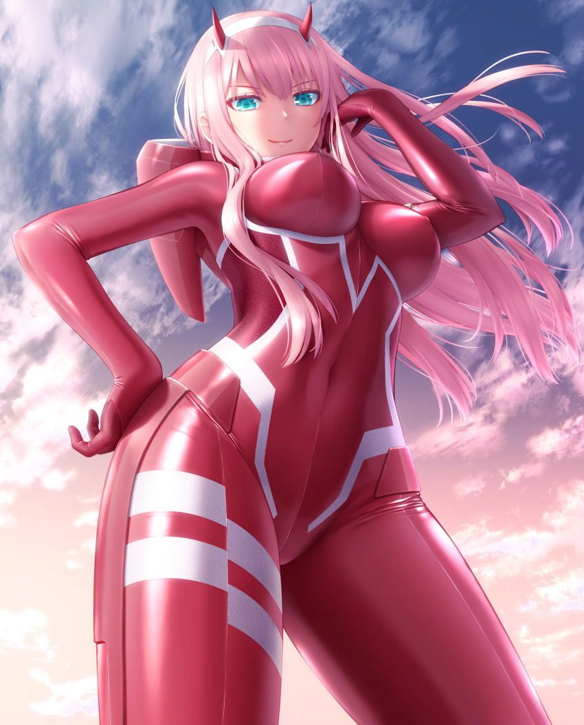&gt;:) 1girl absurdres arm_up bangs blue_eyes blue_sky bodysuit breasts closed_mouth clouds cloudy_sky contrapposto covered_navel darling_in_the_franxx day eyebrows_visible_through_hair fanbox_reward from_below hair_between_eyes hairband hand_on_hip haribote_(tarao) head_tilt highres horns large_breasts long_hair looking_at_viewer looking_down oni_horns outdoors paid_reward pilot_suit pink_hair red_bodysuit red_horns sky smile solo standing straight_hair v-shaped_eyebrows very_long_hair white_hairband zero_two_(darling_in_the_franxx)