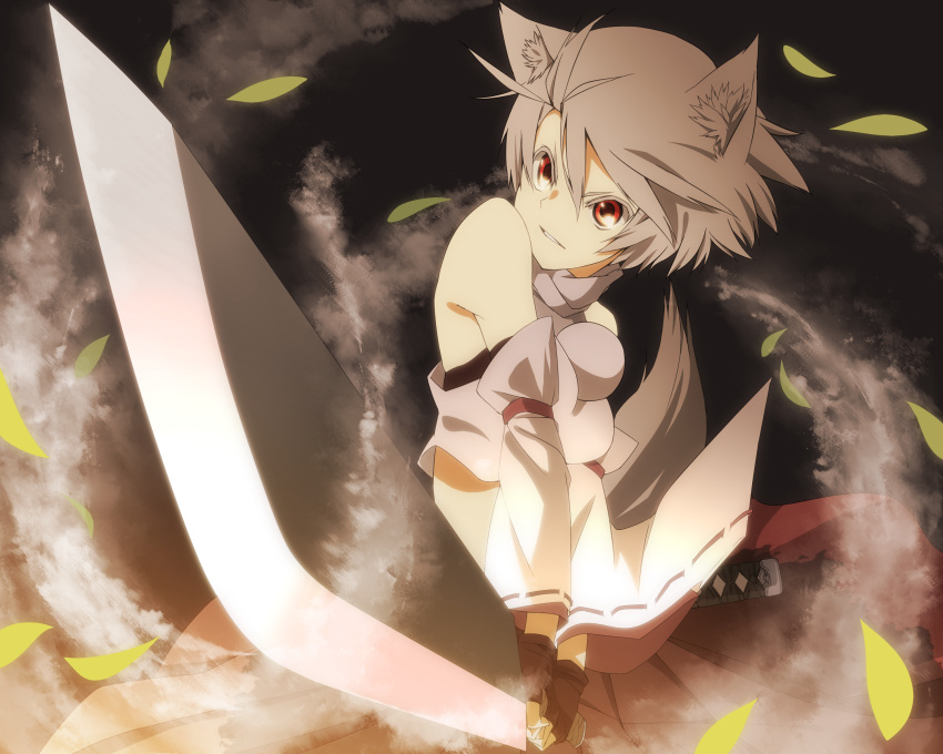 1girl absurdres animal_ears bare_shoulders brown_gloves detached_sleeves fingerless_gloves gloves highres inubashiri_momiji leaf long_sleeves no_hat no_headwear red_eyes seu_(hutotomomo) shirt short_hair silver_hair skirt solo sword tail touhou weapon wide_sleeves wolf_ears wolf_tail