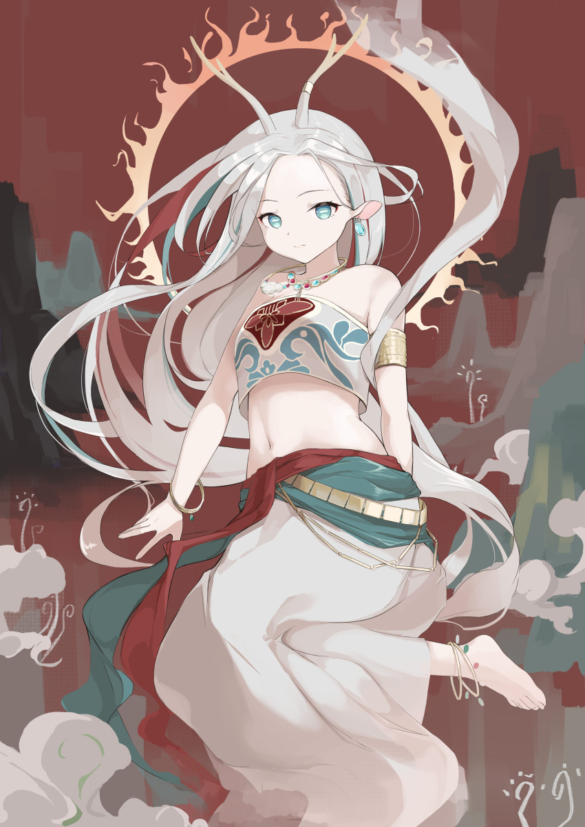 1girl a_deer_of_nine_colors absurdres animal_ears anklet arknights armlet bare_shoulders barefoot blue_eyes commentary_request crop_top deer_antlers deer_ears earrings forehead highres jewelry long_hair looking_at_viewer midriff navel necklace nine-colored_deer painnico shirt silver_hair smile solo stomach strapless strapless_shirt very_long_hair