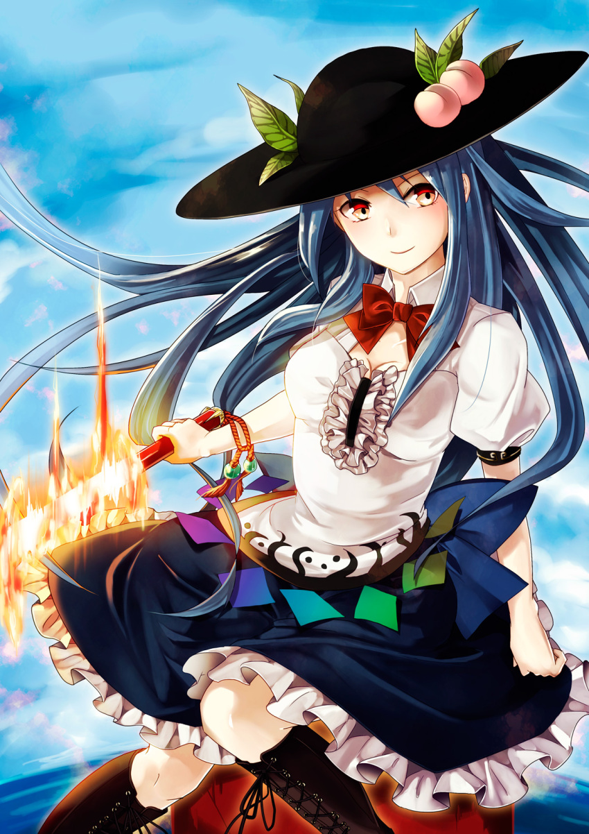 1girl averted_eyes blouse blue_hair blue_sky boots bowtie breasts cleavage clouds cross-laced_footwear fire food fruit hat highres hinanawi_tenshi knee_boots knees_together_feet_apart leaf long_hair memai peach puffy_short_sleeves puffy_sleeves red_eyes short_sleeves skirt sky smile solo sword_of_hisou touhou