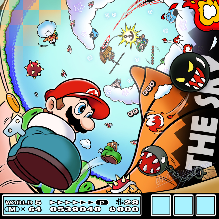 aircraft airship anchor animal_ears blue_eyes blue_overalls brown_hair castle chain chain_chomp closed_mouth clouds commentary_request dollar_sign english_text fangs fire flame_chomp gloves goomba goomba's_shoe green_hat green_shirt hat highres lakitu lakitu's_cloud luigi male_focus mario motion_lines multiple_boys open_mouth outdoors overalls para-beetle propeller raccoon_ears raccoon_luigi raccoon_tail red_hat roy_koopa sharp_teeth shirt short_hair smile spikes spiny spiny_egg star_(symbol) super_mario_bros. super_mario_bros._3 tail teeth v-shaped_eyebrows v-shaped_eyes warp_pipe white_gloves winding_key wings wissu_type