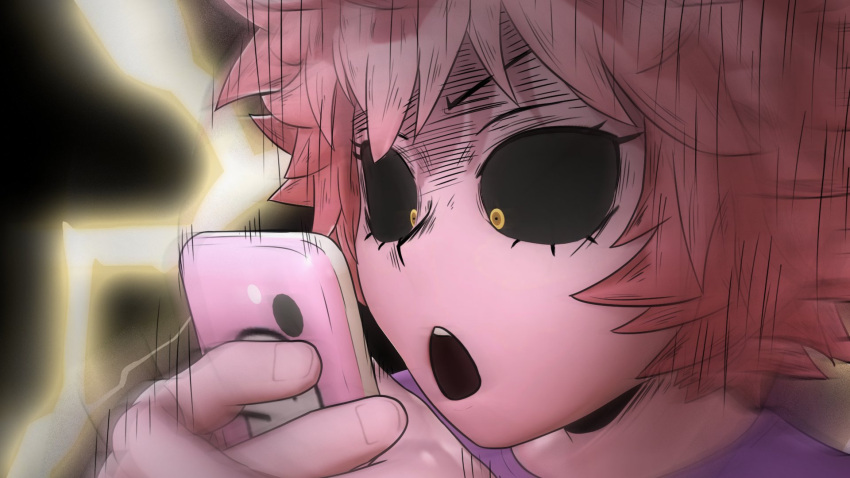 1girl :o ashido_mina black_sclera boku_no_hero_academia cellphone close-up colored_sclera commentary constricted_pupils english_commentary greatm8 hands hands_up highres holding holding_phone lightning phone pink_hair purple_shirt shirt short_hair smartphone solo source_filmmaker_(medium) yellow_eyes