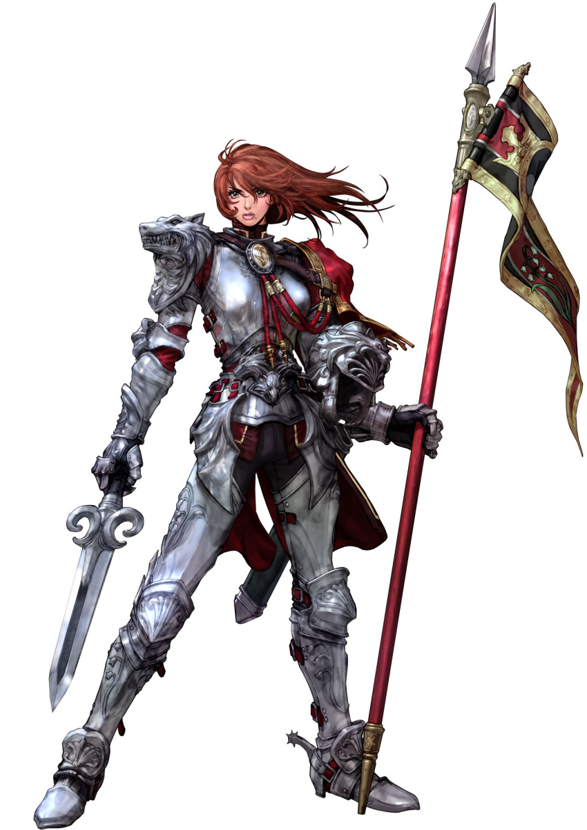 armor banner brown_hair dual_wielding gauntlets greaves headwear_removed helmet helmet_removed highres hilde hildegard_von_krone kawano_takuji lance lips long_hair mole namco official_art pauldrons polearm red_hair solo soul_calibur soul_calibur_iv soulcalibur soulcalibur_iv spurs sword weapon wolf