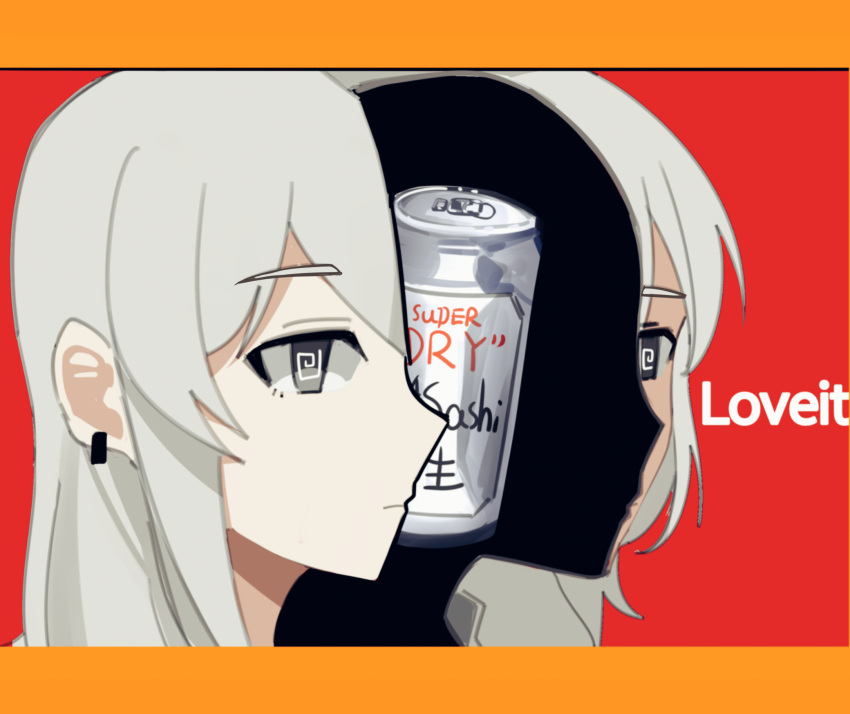 1girl @_@ asahi_breweries closed_mouth commentary earrings english_commentary girls_band_cry grey_eyes grey_hair haidao_mao highres jewelry kawaragi_momoka long_hair loveit_(vocaloid) solo song_name split_head surreal