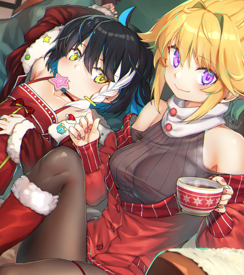 2girls arm_up bangs black_hair black_legwear black_shirt blonde_hair blue_hair boots braid christmas closed_mouth clothing_cutout colored_inner_hair commentary_request cookie cup dress dutch_angle food fur-trimmed_jacket fur_trim hair_intakes highres holding holding_cup jacket knee_up long_sleeves looking_at_viewer lying miniskirt mitake_eil mouth_hold multicolored_hair multiple_girls off_shoulder on_back original pantyhose red_dress red_footwear red_jacket red_skirt ribbed_shirt santa_boots shirt short_hair shoulder_cutout side_braid sidelocks sitting skirt smile spaghetti_strap steam teacup thigh_strap violet_eyes white_hair yellow_eyes