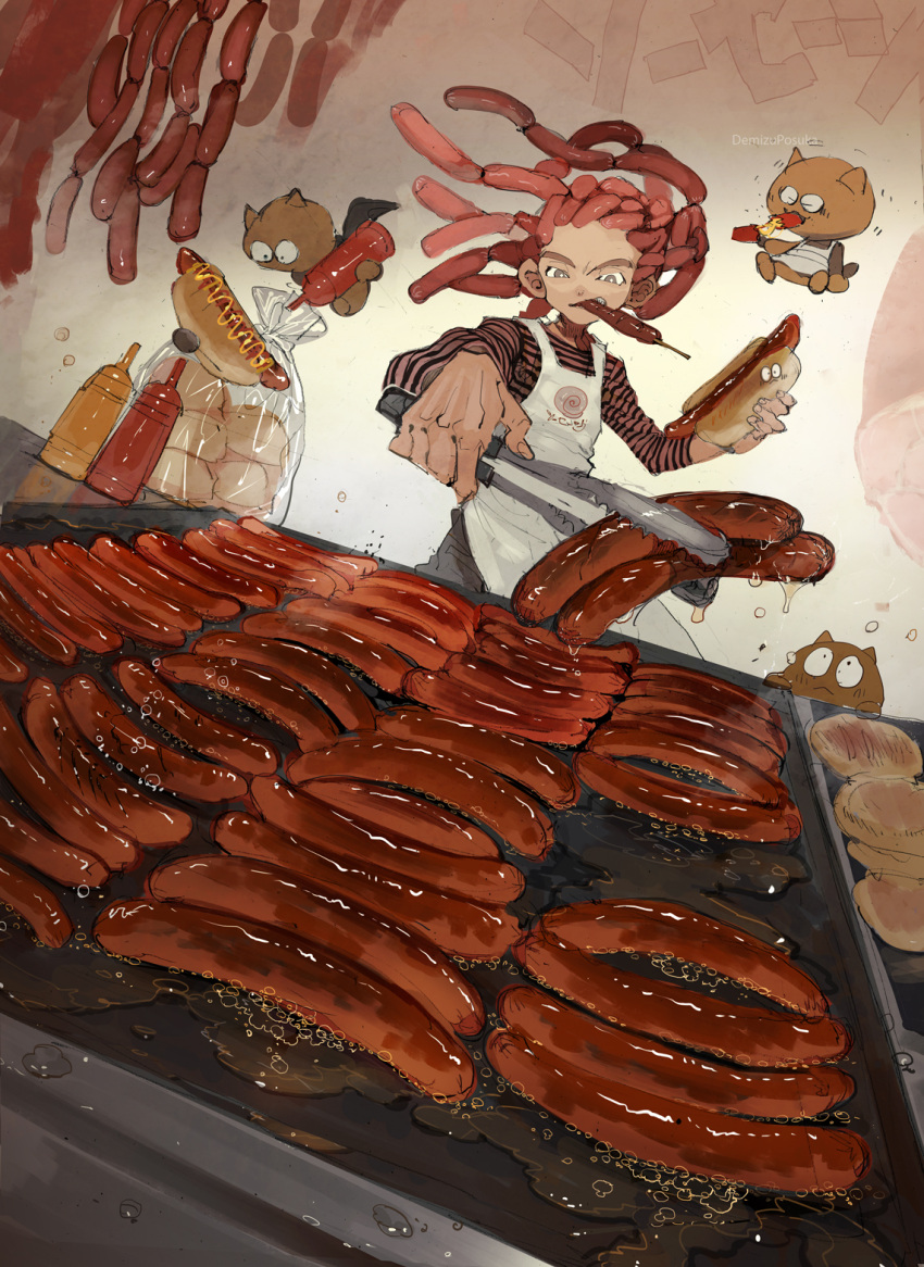 1girl 3others apron bag bottle bright_pupils cooking demizu_posuka eating food food_focus food_in_mouth grey_eyes highres holding holding_bottle holding_food holding_tongs hot_dog hot_dog_bun ketchup ketchup_bottle long_hair long_sleeves meat multiple_others mustard mustard_bottle original redhead sausage shirt standing striped striped_shirt tongs white_pupils