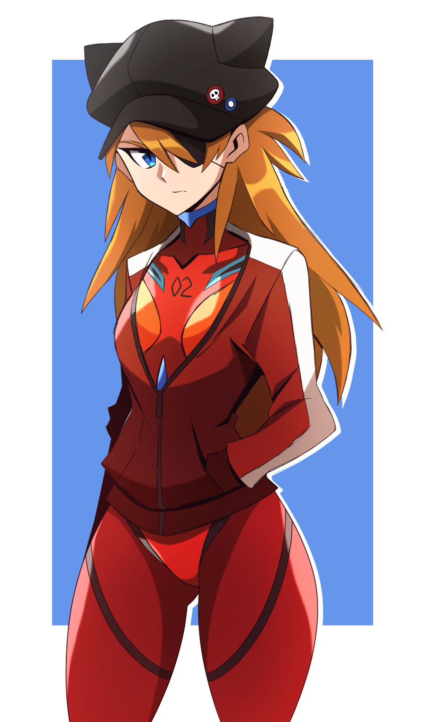 1girl absurdres abysswatchers blue_eyes bodysuit evangelion:_3.0_you_can_(not)_redo eyepatch hat highres jacket multicolored_bodysuit multicolored_clothes neon_genesis_evangelion orange_bodysuit orange_hair pilot_suit plugsuit rebuild_of_evangelion red_bodysuit solo souryuu_asuka_langley