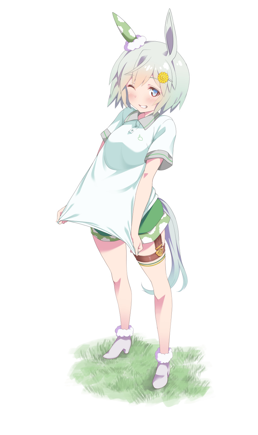 1girl a9b_(louis814) absurdres animal_ears bare_legs blue_eyes boots commentary_request ear_covers grin hair_ornament hairclip highres horse_ears horse_girl horse_tail light_blue_hair looking_at_viewer one_eye_closed polo_shirt seiun_sky short_hair short_sleeves shorts smile solo tail thigh_strap umamusume white_background