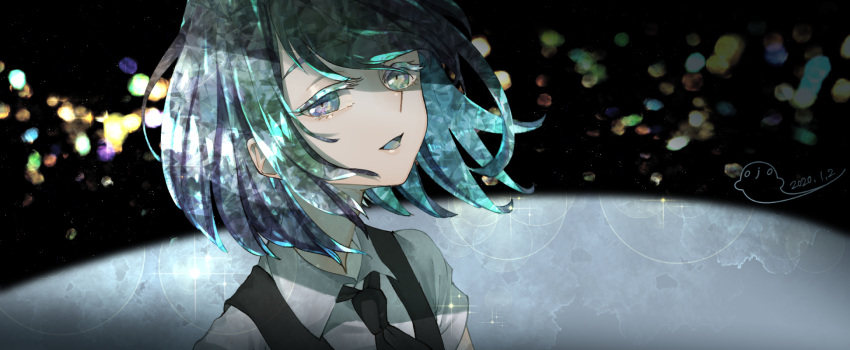 1other androgynous bangs black_neckwear black_vest collar collared_shirt diamond_(houseki_no_kuni) eyebrows_visible_through_hair gem_uniform_(houseki_no_kuni) hair_between_eyes highres houseki_no_kuni looking_at_viewer multicolored multicolored_eyes multicolored_hair necktie neckwear ojo_aa open_mouth rainbow_hair shirt short_hair short_sleeves simple_background smile solo sparkle thick_eyebrows upper_body vest white_shirt