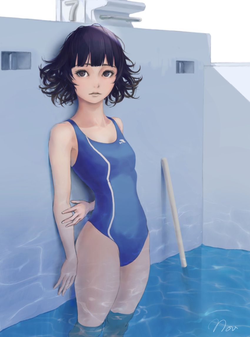 1girl against_wall arm_behind_back artist_name bangs black_hair blue_swimsuit blunt_bangs breasts broom caustics collarbone competition_swimsuit day expressionless groin highres hip_bones holding_arm lips looking_at_viewer messy_hair novgorod3000 one-piece_swimsuit original outdoors pool shade short_hair signature small_breasts solo standing starting_block swimsuit wading water