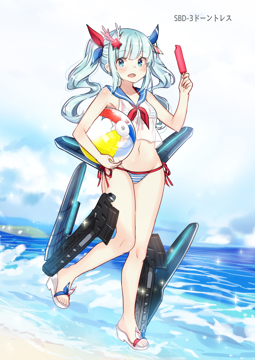 1girl absurdres ash_arms ball bangs bare_arms bare_shoulders beachball bikini bikini_under_clothes blue_eyes blue_hair blue_ribbon blue_sailor_collar blush breasts carrying_under_arm collarbone commentary_request eyebrows_visible_through_hair food full_body goyain groin hair_ornament hair_ribbon highres holding holding_food long_hair looking_at_viewer mecha_musume navel neckerchief open_mouth popsicle red_neckwear red_ribbon ribbon sailor_collar sailor_shirt sandals sbd_dauntless_(ash_arms) see-through shirt side-tie_bikini sidelocks sleeveless sleeveless_shirt small_breasts solo sparkle splashing standing standing_on_one_leg star star_hair_ornament striped striped_bikini swimsuit transparent twintails water waves white_footwear white_shirt