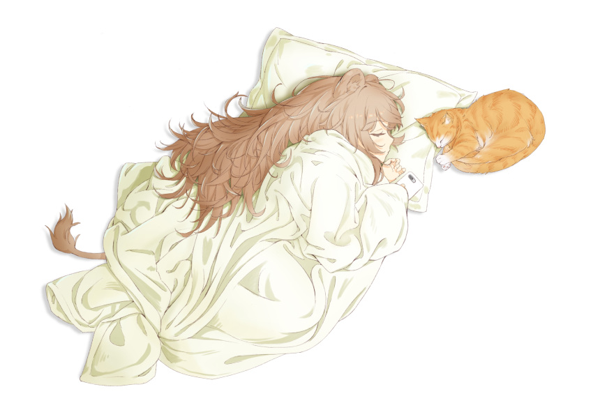 1girl absurdres animal animal_ears blanket blush brown_hair cat cellphone closed_eyes from_above full_body highres lion_ears lion_girl lion_tail long_hair lying maou_renjishi on_side original phone pillow profile simple_background solo tail very_long_hair white_background